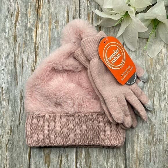 Girls Winter Faux Fur Cozy Stretchy Beanie Hat With Pom Pom & Gloves 2-Piece Set - Picture 1 of 4